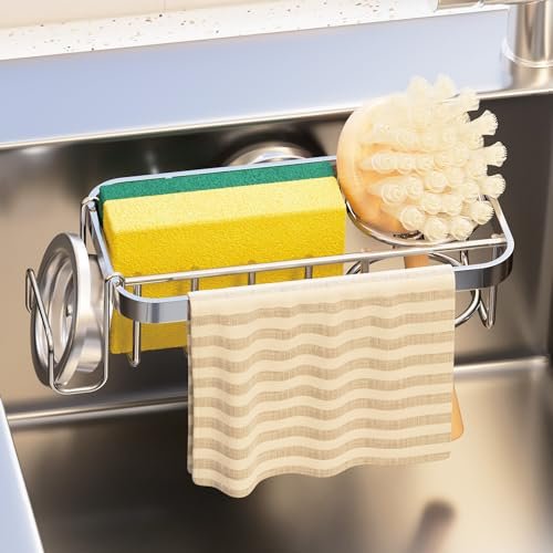 TAILI 4 in 1 Silber spülschwammhalter mit Saugnapf wiederverwendbar schwammhalter spülbecken Anti Rost schwammhalter ablage unter Spüle Lagerung Schwamm, Bürste, Spültuch halten Spüle ordentlich