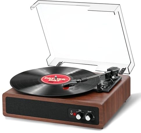 FYDEE Giradischi Vinili Portatile Bluetooth con Altoparlanti Integrati, 3 Velocità (33 1/3, 45 e 78 Giri), Trasmissione e Ricezione Bluetooth, Giradischi Retrò, Supporta RCA, AUX, Noce