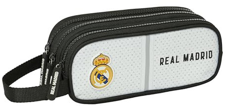 safta Real Madrid Trousse Triple Fermeture éclair, idéale pour Enfants de 5 à 14 Ans, Confortable et Polyvalente, qualité et résistance, 21 x 7 x 8,5 cm, Blanc/Gris, Blanc/Gris, Estándar, Décontracté