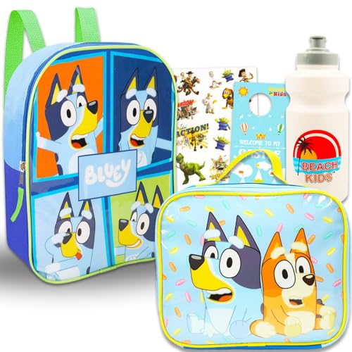 Disney Bluey - Juego de mochila y lonchera – El paquete de mochila Bluey para niños pequeños incluye mochila Bluey de 11 pulgadas y bolsa de almuerzo más botella de agua, calcomanías, más | Mini