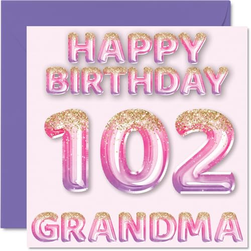 102nd Birthday Card for Grandma - Pink & Purple Glitter Balloons - Happy Birthday Cards for 102 Year Old Grandma from Grandson Granddaughter, 145mm Bday Greeting Cards Gift
