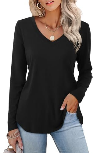 Amoretu Long Sleeve Tops Women V Neck Loose Longline Tee Shirts Loose Fit T Shirt Black Size 16 18