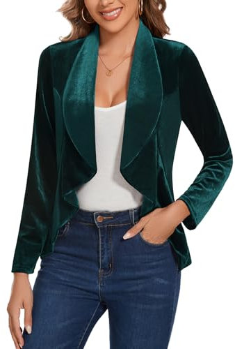 LADI TREND Casual Womens Long Sleeves Velvet Blazers Ruffle Jackets with Office Work Wedding Events Retro Vintage Suits (Dark Green L)