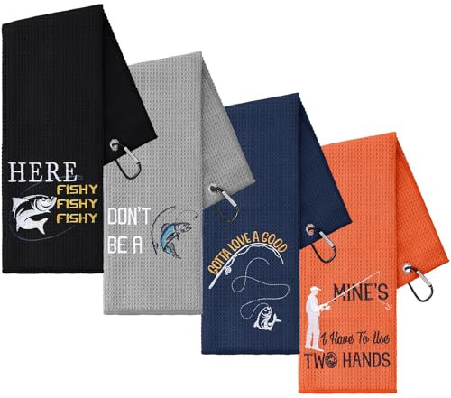 VitalCozy 4 Pcs Microfiber Fishing Towels with Clip Waffle Pattern Bait Towels for Effective Cleaning of Fishing Gears 16''x24'' Embroidered Towel for Fly Kayaking Hiking Father Gift