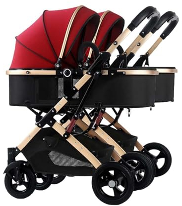 NEYTIIR Tragbarer Doppel-Kinderwagen, Tandem-Kinderwagen für Säuglinge und Kleinkinder, Verstellbarer einfach zusammenklappbare Kinderwagen, Abnehmbarer Kinderwagen zum Sitzen und Liegen(Color:rot)
