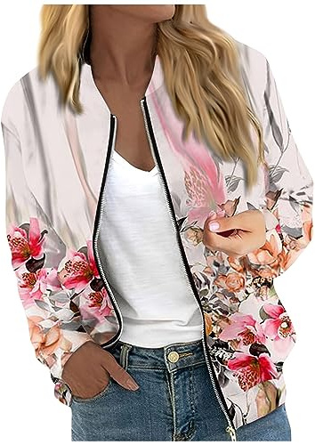 Bomberjacke Damen Blumenmuster Leichte Sommerjacke Sommer Reißverschluss Kurz Pilotenjacke Dünne Langarm Übergangsjacke