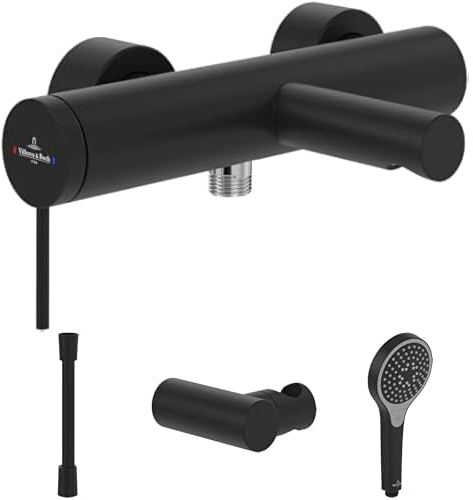 Villeroy & Boch Loop & Friends Badewannenarmaturen-Set Aufputz (4 in 1 Bundle), Wannenarmatur inkl. Armatur, Handbrause, Handbrauseschlauch und Hanbrausehalter, Matt Black