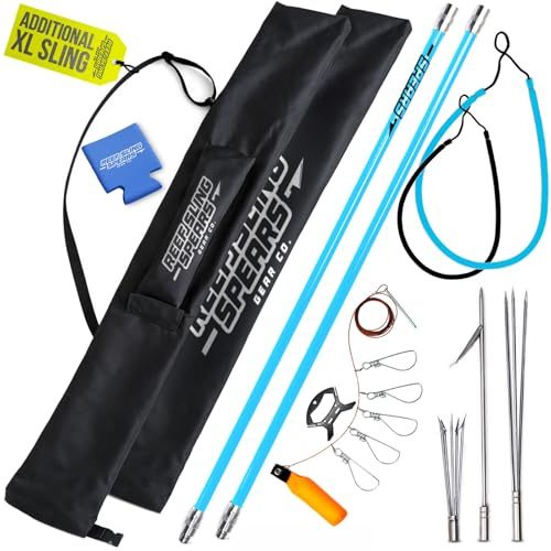 Hawaiian Sling Fishing Speer Set – Reise Fiberglas Pole Speer Harpune zum Speerfischen mit 3 Zinken Paralyzer Spitzen 5' – Angelschnurhalter und Reisetasche enthalten für Speerangelausrüstung