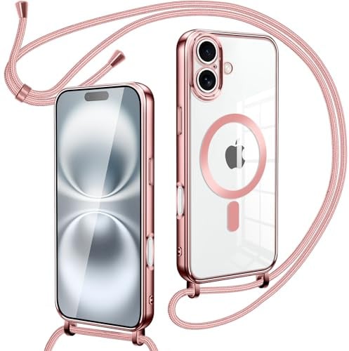 Oelrstfe Cover Magnetica Trasparente con Cordino per iPhone 16 Plus con Magnetico,Custodia Sottile con Laccio Collana Tracolla Regolabile Antiurto Case con Collana per iPhone 16 Plus-rose_gold