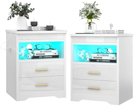 Table de Chevet Lot de 2 Table de Nuit Moderne avec Prises LED Multicolore Réglable Serrure à Clé de Sécurité Chevet de Lit Coulissantes Cachées Blanc d’Appoint Salon Chambre Coucher 39x44x58cm