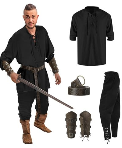 Mittelalter Kleidung Herren Set, Wikinger Kleidung Mittelalter Kostüm Renaissance Kostüm Set mit Leinenhemd Mittelalterliches Piratenhemd Mittelalter Hose mit Gürtel, Handgelenkschützer Zubehör
