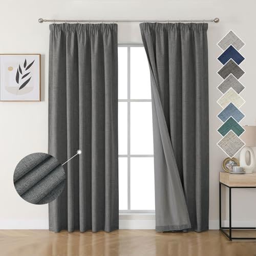 Joydeco 100% Verdunkelungsvorhänge Leinen Gardinen mit Kräuselband 2er Set H229xB167cm Grau, Thermovorhang Kälteschutz Blickdicht Schallschutz Ideal für Wohnzimmer passt zu Schienensystemen