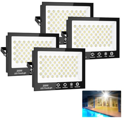 Sararoom Focos Proyector Floodligh de Seguridad - 4Pcs 200W 6500K Blanco Frío Foco LED Exterior y Interior