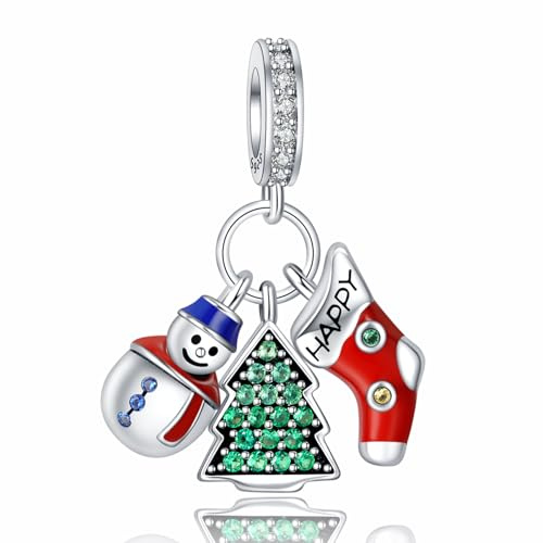 Annmors Ciondolo di decorazioni natalizie con albero di Natale, pupazzo di neve e calza di Natale, argento sterling 925 con zirconia cubica, ciondolo regalo per feste e compleanni per donne e ragazze.