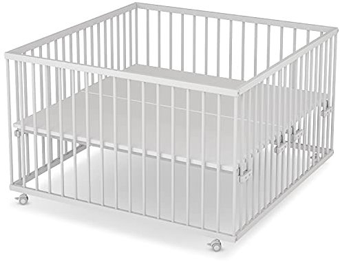 Sämann Laufstall Baby mit Matratze Cloud Air | TÜV geprüft | stufenlos höhenverstellbar | Laufgitter Premium | Babybett aus Holz | Krabbelgitter (weiß, 120x120 cm)