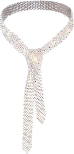 Rumnoke Sparkle Neck Tie Rhinestone Long Scarfs Ties Glitter Sequins Neck Tie for Women White Colorful