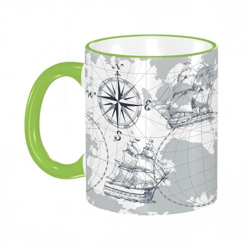 KDWJS Tasse Keramik Kaffeetassen Große 11oz Tassen 330ml Trinkgläser Mit Griff Personalisierte Geschenk Weiß,Segelboot Seekarte grau Boot Skizze Schiff Rad Kompass Anker