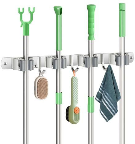 Sampoes Porta Scope Parete, Portascope da Muro in Acciaio Inox, Appendi Scope a Muro con 4 Supporti e 3 Ganci per Cucina, Bagno, Garage