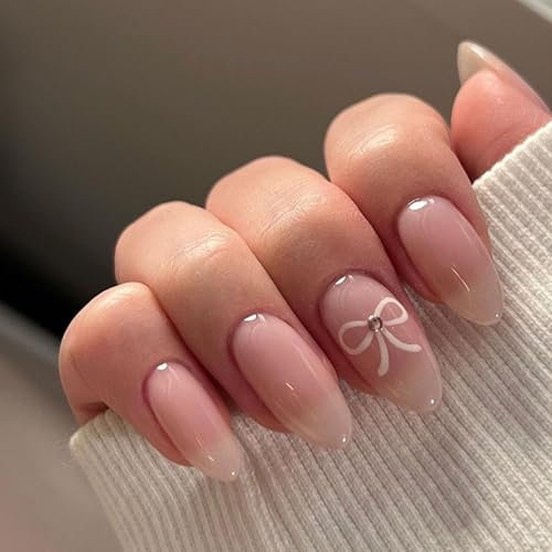 False Nails 24pcs, Press on Nails Nude Pink, Fake Nails with Glue, Stick on Nail for Women, Full Cover Almond Nail with Bow Patterns