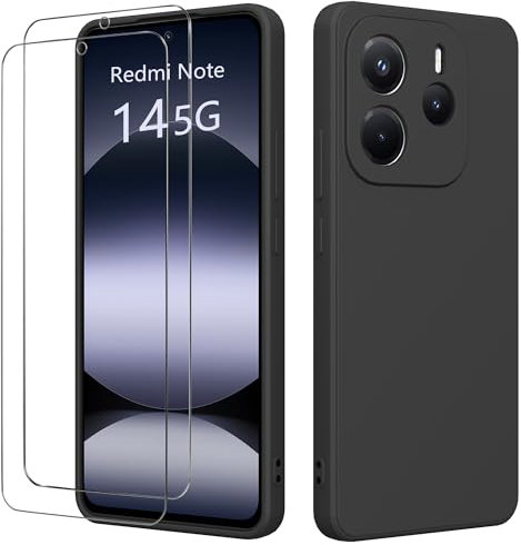 binandteam Funda para Xiaomi Redmi Note 14 5G con 2 Protector de Pantalla,Ultra Slim Protectora Carcasa de Silicona Líquida TPU Anti-Choque Suave Case Cover - Negro