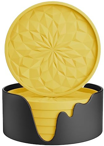 STLIAN Silicone Coasters with Holder,[6 Pack] Drinking Coasters - Cup Mat for Hot or Cold Drinks, Thickened, Non-Slip, Non-stick,Deep Tray Yellow