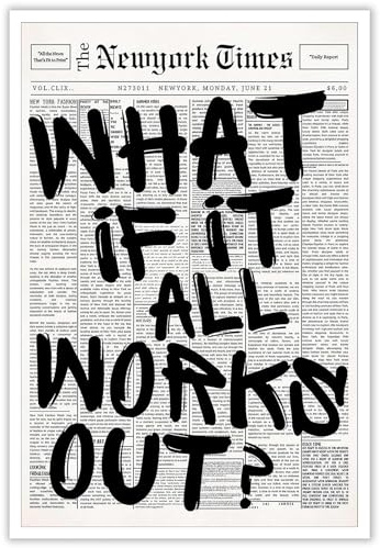 DVBOCS Retro-Zeitungsposter What If It All Works Out, Leinwand-Kunst, positives, bekräftigendes Zitat, minimalistischer Druck, Gemälde für Zuhause, Schlafzimmer, Wohnheim, Wanddekoration, 40,6 x 61