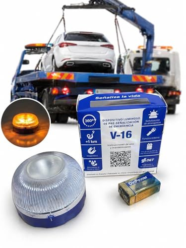 Baliza de Emergencia V-16 homologada – Aprobada por DGT – – Luz LED 360° Alta Visibilidad – Base Magnética – sin geolocalización- Pila Incluida – Sustituye Triángulo-