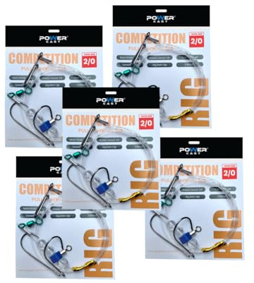 Power Cast Competition Pulley Pennel Fishing Rig Set, 2/0 and 3/0 Hooks, 5 Rigs per Pack