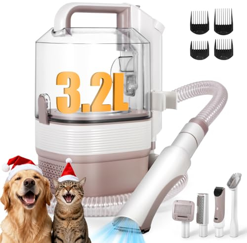 Crazydeer Kit per la toelettatura del cane, 12.000 Pa, aspirapolvere tutto in uno per la toelettatura di cani e gatti, tagliacapelli a basso rumore per lo spargimento, tazza antipolvere da 3,2 l