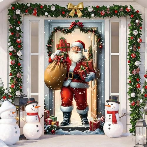 Weihnachten Tür Abdeckung Dekoration Weihnachtsmann Hängen Banner Hintergrund, Lebhafte und saisonale Foyer-Dekoration, Weihnachtsbanner für Haus Haustür Veranda Weihnachten Deko -35.4 x 70.8 in