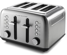 riviera&bar Grille-pain 4 tranches en acier inoxydable 1800W - 5 niveaux de brunissage, fonction décongélation et réchauffage, deux commandes, tiroir ramasse-miettes, design moderne
