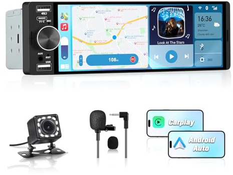 Junsun Autoradio 1 DIN CarPlay Écran Tactile 6,36, Caméra de Recul | Compatible CarPlay & Android Auto, Bluetooth, GPS, FM, Charge Type-C, 2 USB, Microphone, Égaliseur, Commandes au Volant