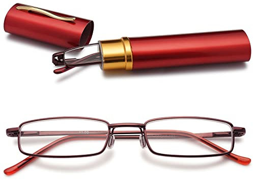 VEVESMUNDO Herren Lesebrille Mini Reise Kleine Kompakte Schmal Metall Lesehilfe Brillen Mit Etui +1.0,+1.5,+2.0,+2.5,+3.0,+3.5,+4.0 (1 x Rot Blaulichtfilter Lesebrille, 1.0)