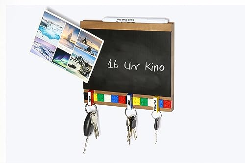 Schlüsselbrett Play 204 Holz | Für die ganze Familie | Schlüsselleiste Nussbaum mit 5 Schlüsselanhängern zum selbst beschriften | Memoboard Tafel | bunt