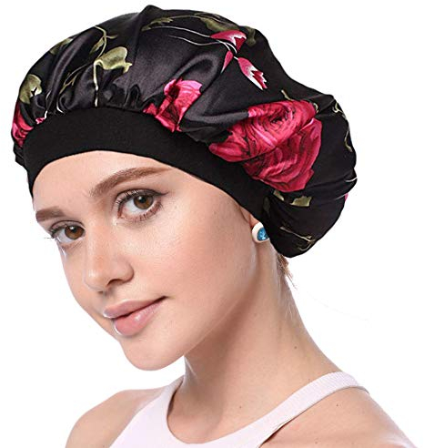Simoda Satin Floral Night Cap für lockiges Haar Elastisches Band Schlafmütze Haarpflege Satin Haube (#1)