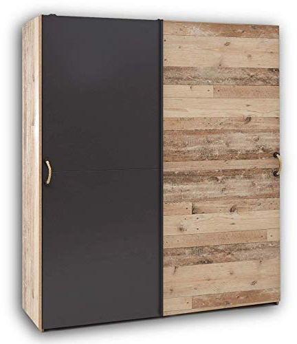 Stella Trading MERLIN Eleganter Jugendzimmer Kleiderschrank 2-türig - Vielseitiger Schwebetürenschrank mit viel Stauraum in Old Style Optik, Anthrazit - 170 x 196 x 60 cm (B/H/T)
