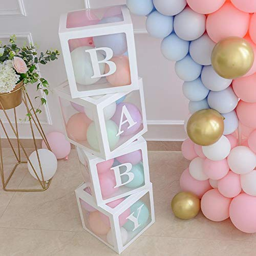 naosummy 4PCS Baby Boxen Party Dekoration for Baby Shower, Transparente Luftballon Boxen Baby Block Dekoration mit Buchstaben für Geschlecht enthüllen Partyjungen Mädchen (Weiß)