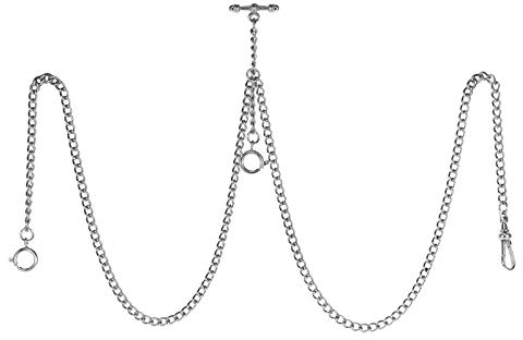 TREEWETO Taschenuhrkette mit T Bar Endstück Gesamtlänge 72cm Doppel Albert T-Bar Taschenuhr Kette 3 Haken für Weste Knopfloch Silber