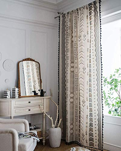 CoutureBridal Gardinen Boho Vorhang Durchscheinend Schwarz Weiß Leinen-Optik mit Quaste Verdunkelungsgardine Wohnzimmer Schlafzimmer Geometrischmuster Blickdichte Vorhänge (B 140cm x H 90cm,1 Stück)