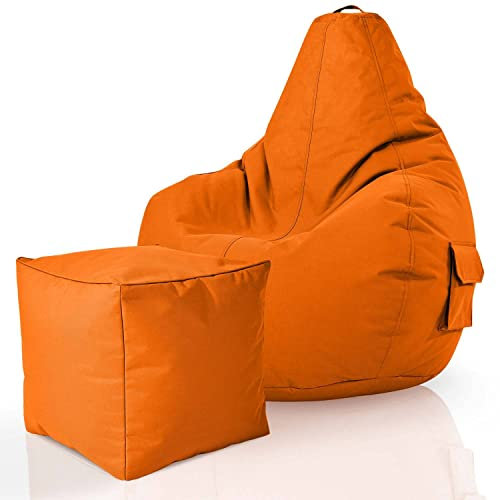 Green Bean 2er Set Sitzsack + Hocker - fertig befüllt - robust waschbar schmutzabweisend - Kinder & Erwachsene Bean Bag Bodenkissen Lounge Sitzhocker Relax-Sessel Gamer Gamingstuhl Pouf - Orange