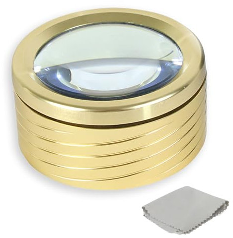 Loupe de Lecture à Poser - Lumière 5 LEDs - Loupe Binoculaire Grossissement Zoom x 5 - Verre Optique - Ø 9 cm - Doré