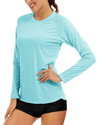 MAGCOMSEN Langarmshirt Damen Leicht Funktionsshirt Quick Dry Sonnenschutz Shirts Frauen Outdoor Trainingsshirt Fitness Jogging Shirts Atmungsaktiv Trekking Wandershirts Seeblau XL