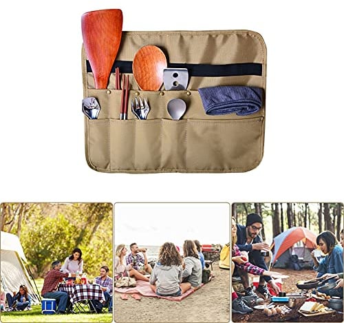 PWPAM Camping Tableware Storage Bag Picnic Cutlery Organizer Cooking Utensils Hanging Bag (Square)