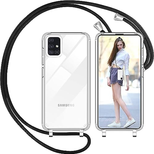 Nupcknn Handykette Hülle für Samsung Galaxy A51 4g Hülle TPU Bumper+PC Back Necklace(abnehmbar) Transparent Hülle mit Kordel zum Umhängen Handy Schutzhülle mit Band(Schwarz, 6.5)