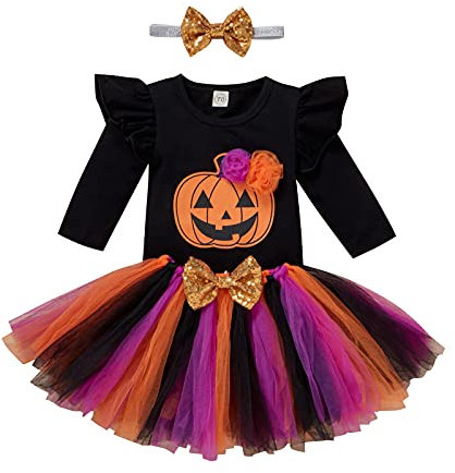 Baby Girls First Halloween Outfit Pumpkin Ghost Dress up Costume Long Sleeve Romper+Tulle Tutu Skrit+Sequin Headband 3pcs Clothes Set Birthday Party Cake Smash Photo Shoot Black-Pumpkin 12-18 Months