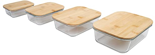 axentia Glas Frischhaltedosen-Set, transparent, holzfarben, 4-teilig