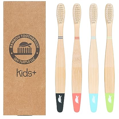 Sea Turtle Bambus-Zahnbürsten auf pflanzlicher Basis, weiche natürliche Zahnbürste für Kinder (4 Stück)