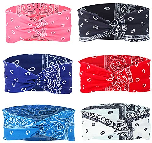 WACH AUF Haarbänder Damen 6 Stück Headband Sommer Boho Breite Elastische WeicheCriss Cross Headbands Vintage Printed Knotted Mehrfarbig Stylish Yoga Sport Stirnbänder