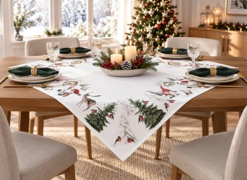 KAMACA Tischdecke Mitteldecke 85x85 cm Weihnachts-Tischdecke mit liebevollem Winter- & Wichtelmotiv Festliche Tischdeko Küche Esszimmer Wohnzimmer robust Winter Weihnachten (Wichtel im Wald)