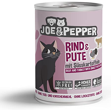 Joe&Pepper Rind & Pute 6 x 400g | Getreidefreies Nassfutter für Katzen | Hoher Fleischanteil, Keine künstlichen Zutaten | mit Taurin